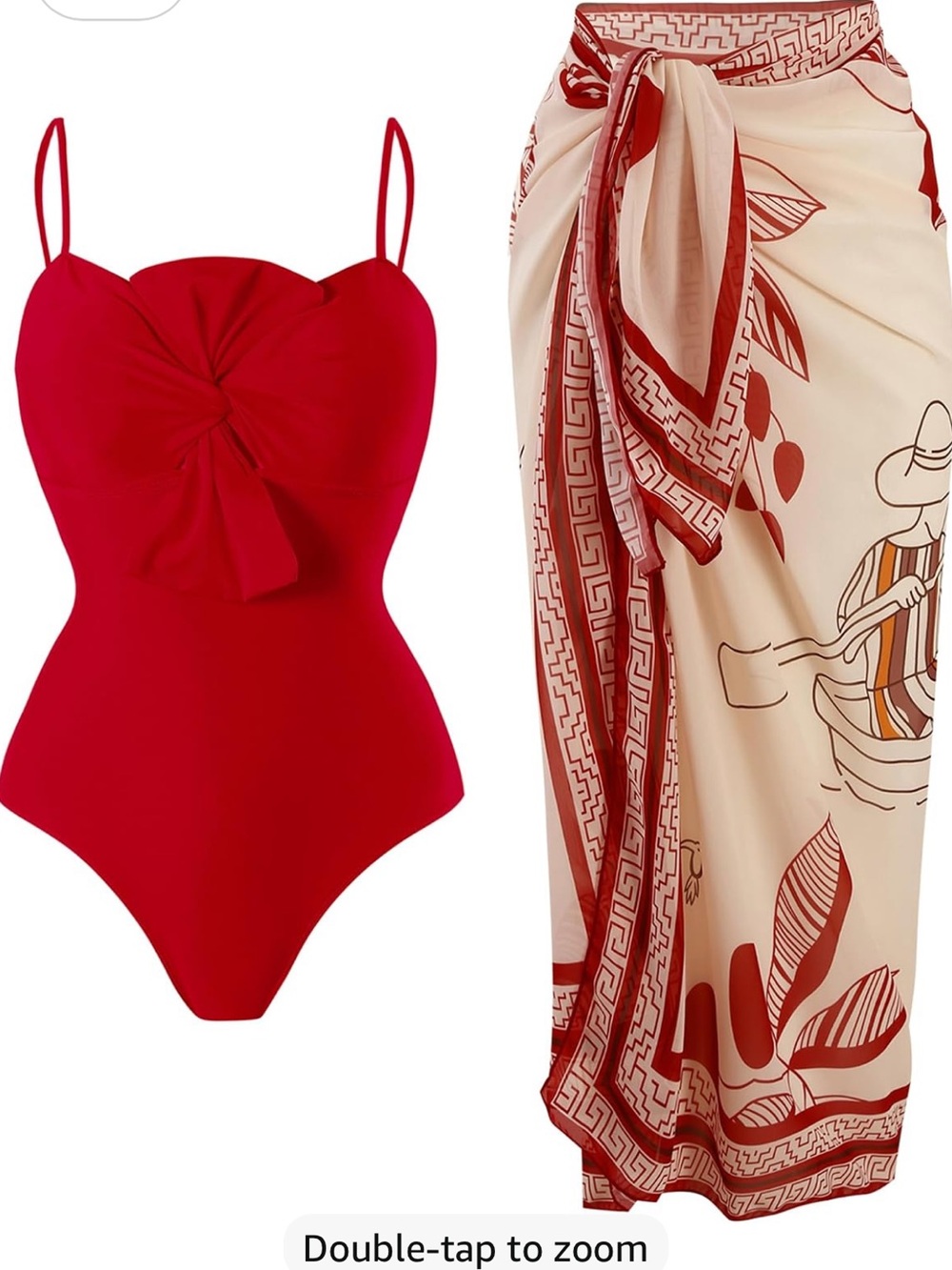Red Twist-Front One-Piece Swimsuit with Printed Sarong